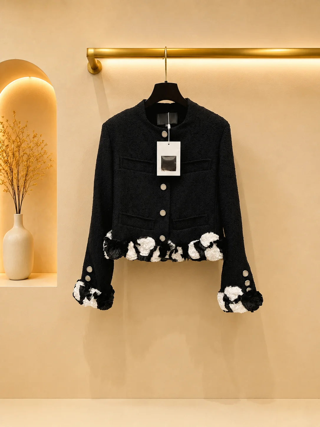 Women Tweed Cropped Jacket With Metal Buttons And Floral Trim