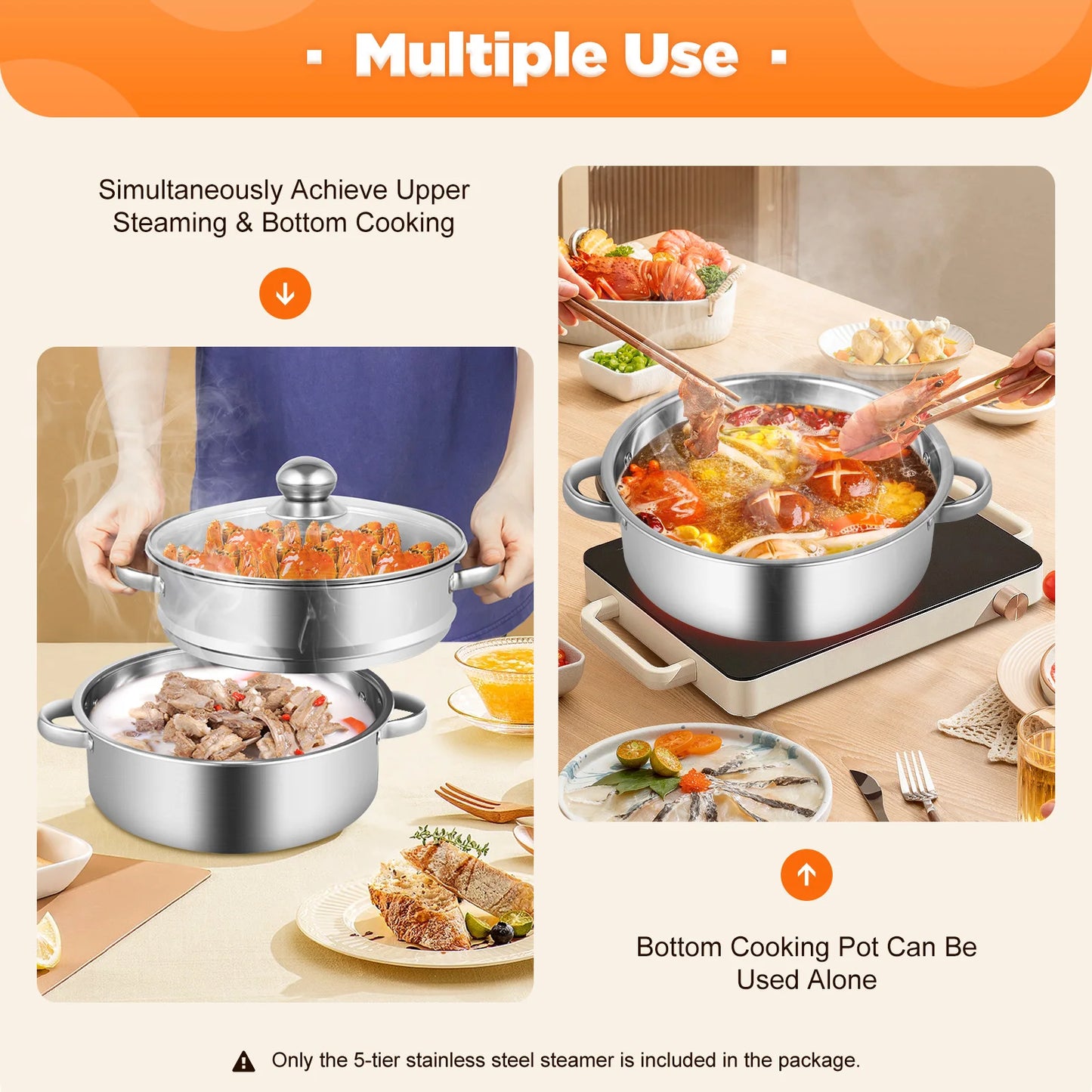 Stainless Steel Steamer Pot 5-Tier With Lid And Handles