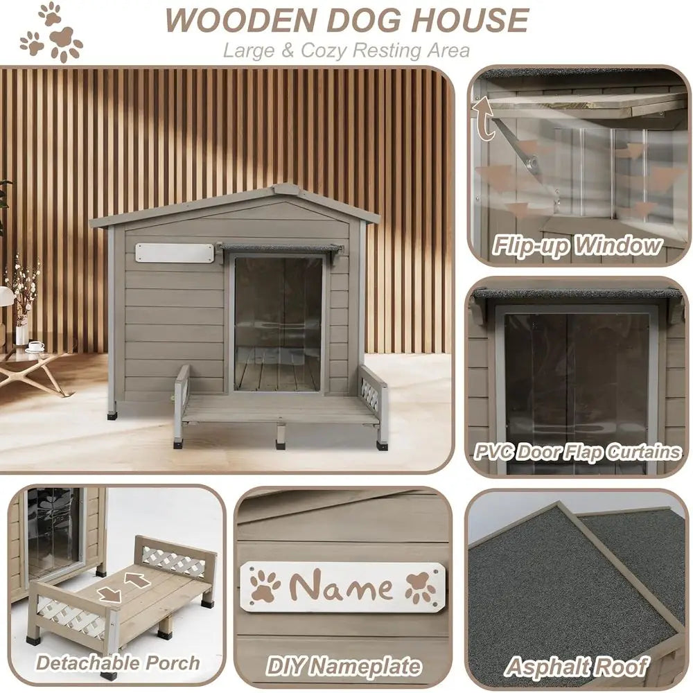 Outdoor Wooden Dog House With Porch And Metal Chew Protection