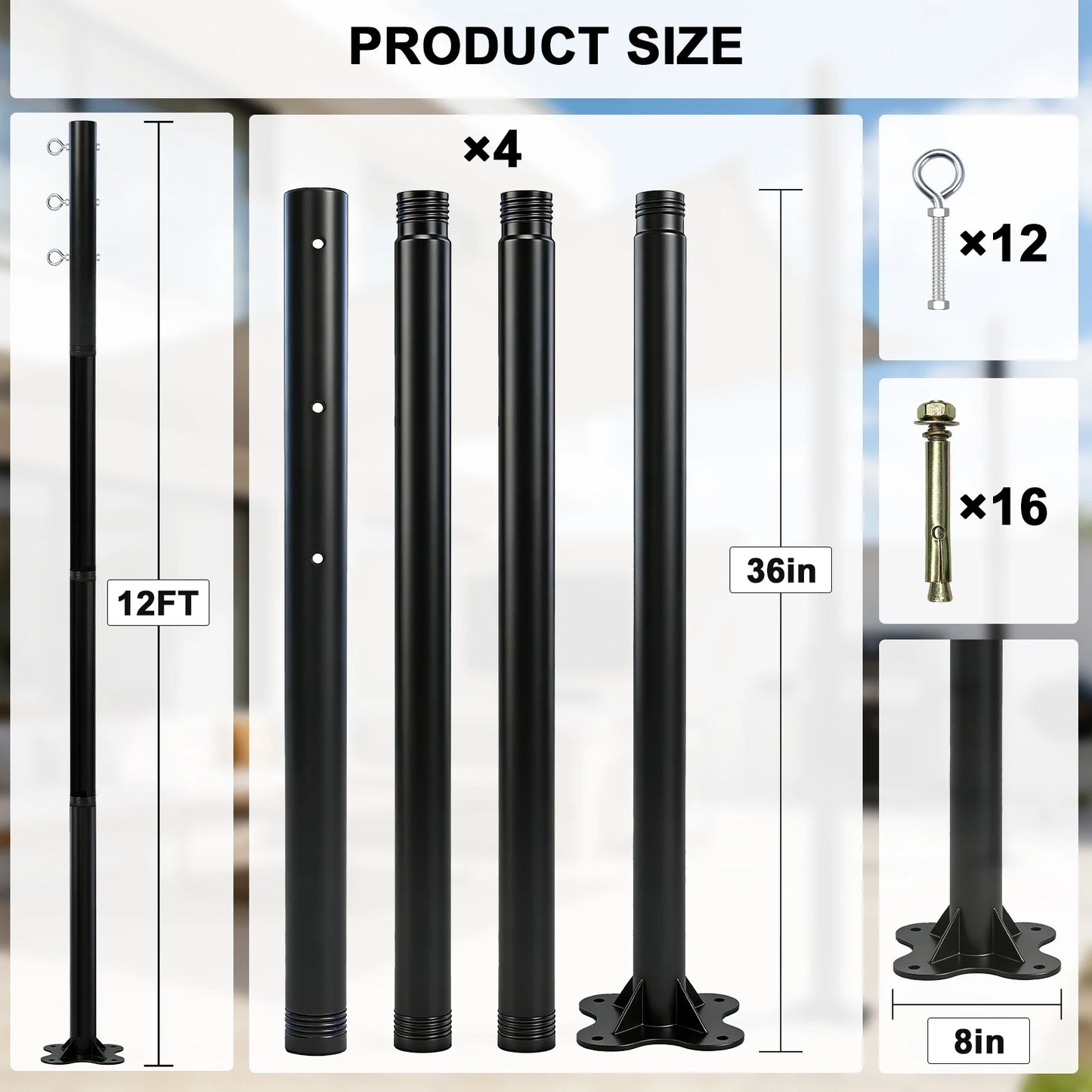 4-Pack Heavy Duty Metal Shade Sail Poles Outdoor Post Kit