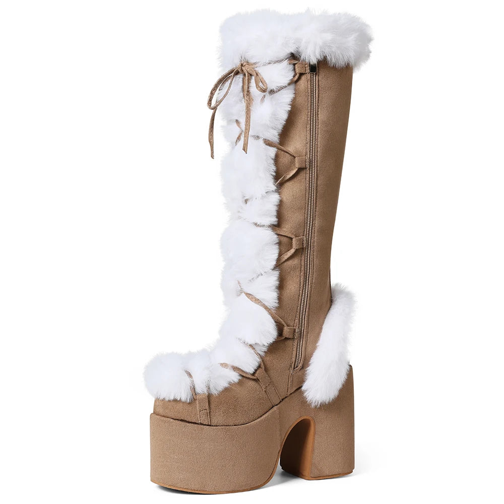 Women's Faux Fur Trim Platform Knee High Chunky Heel Boots
