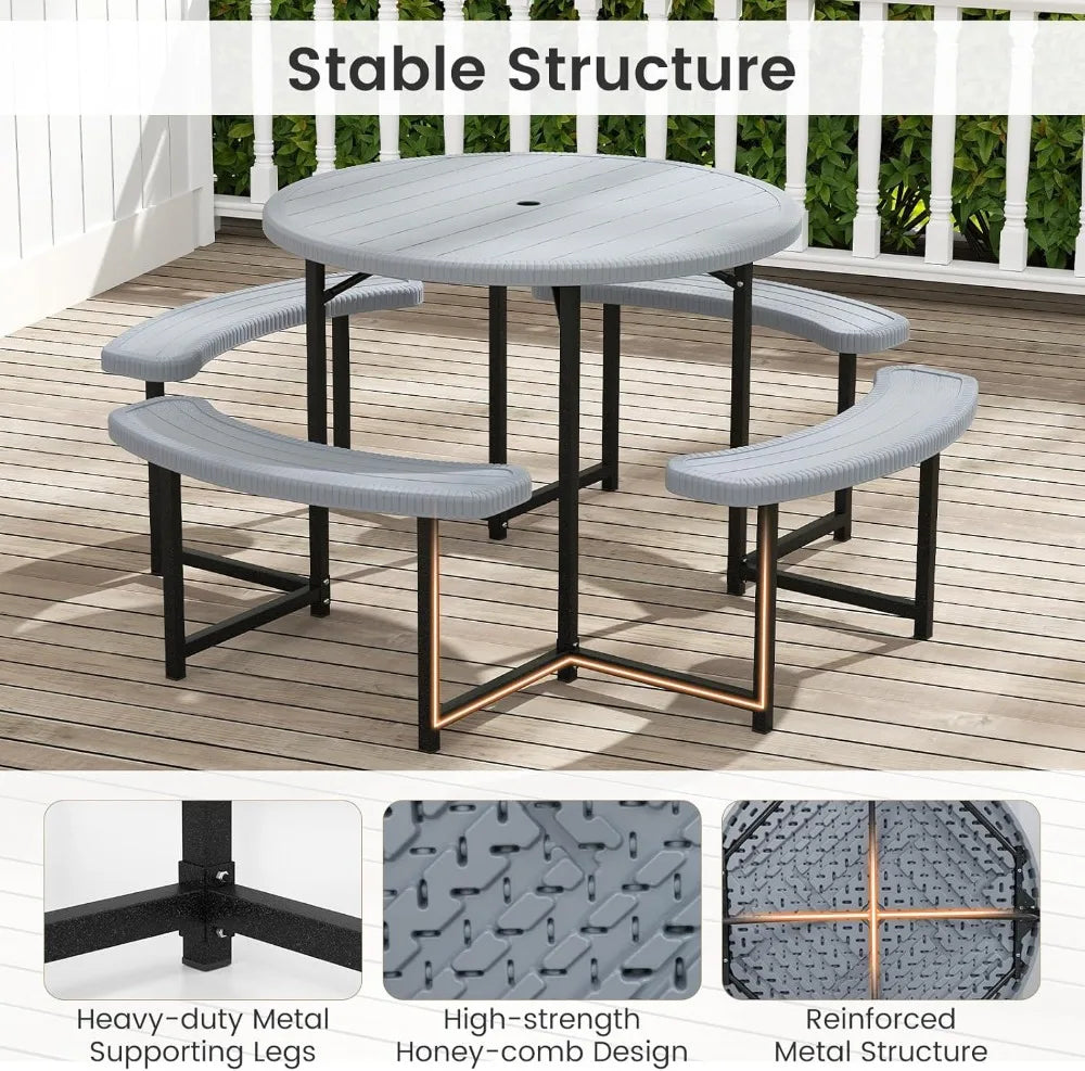 Outdoor 8-Person Round Picnic Table Set With Umbrella Hole