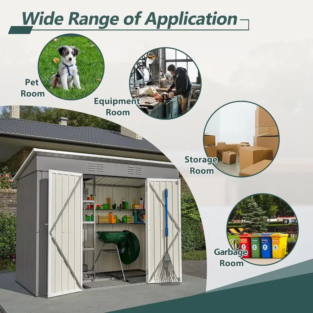 8x4ft Galvanized Steel Outdoor Storage Shed with Floor, Utility Garden Shed for Backyard, Patio, Lawn