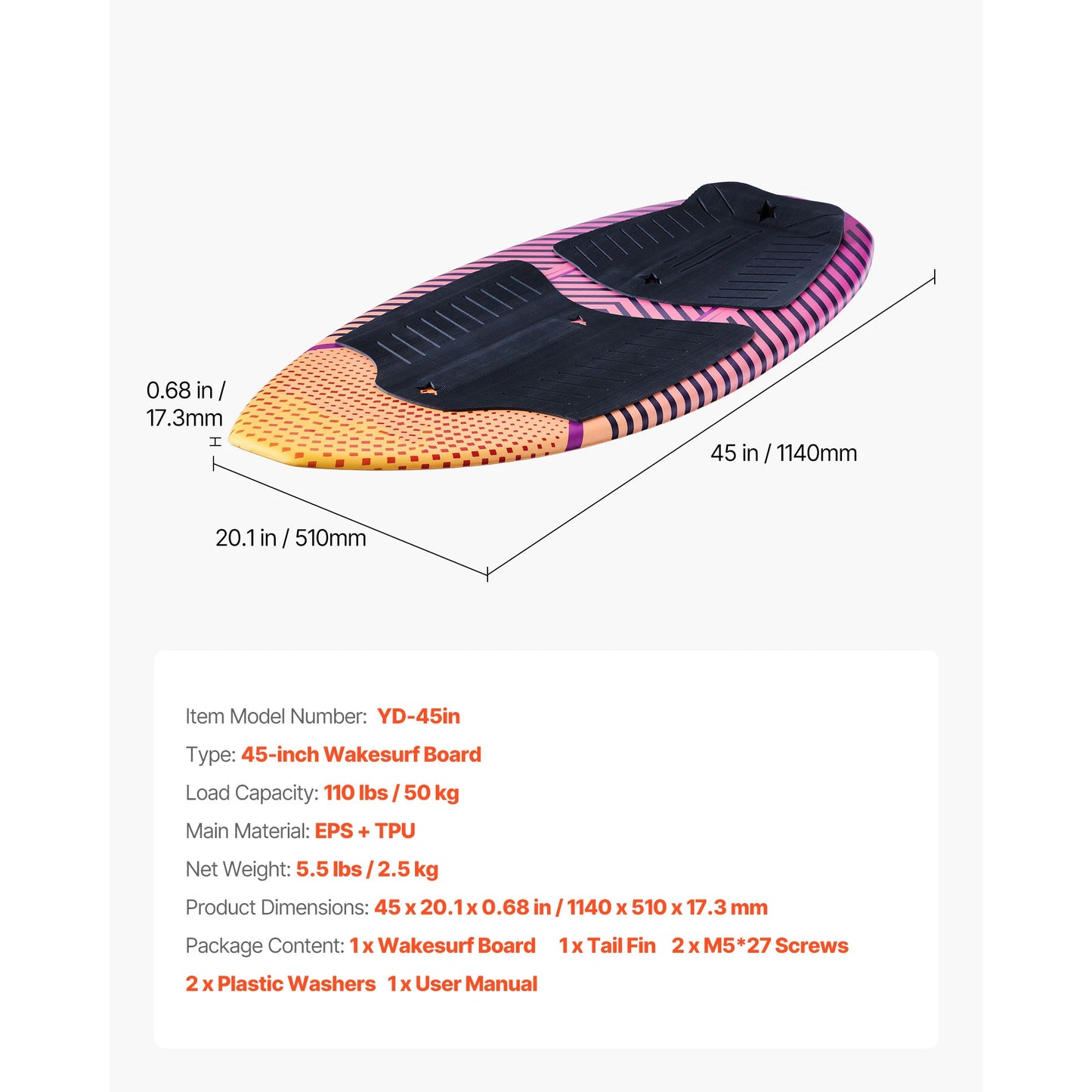 SucceBuy 45 Or 63 Inch Wakesurf Board With Eps Foam Core