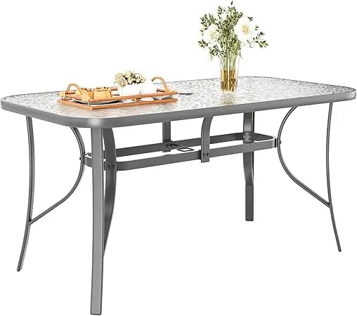 Patio Outdoor Table W/ 1.69″ Umbrella Hole, 30"X 55" Rectangular Tempered Glass Patio Dining Table for 6, Outdoor Metal Furnitu
