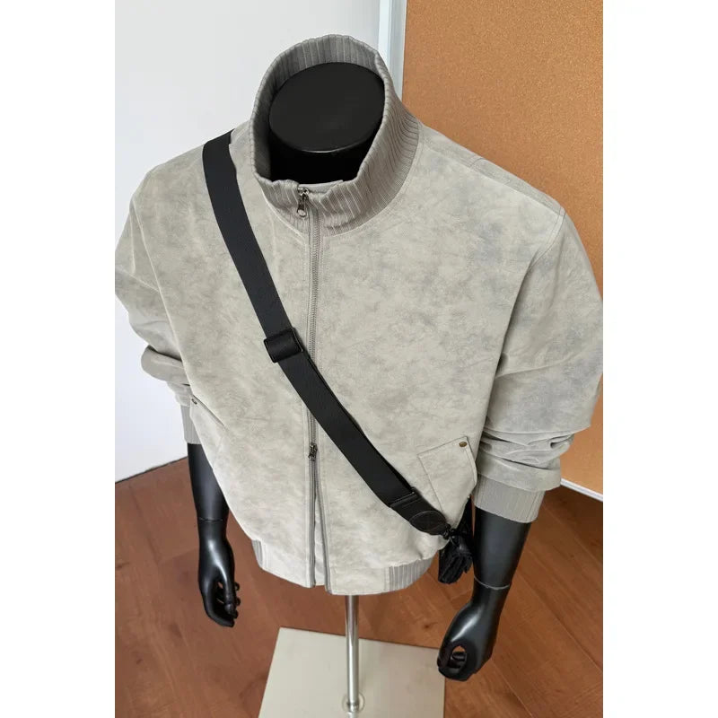 Mens Tie Dye Leather Jacket Casual Zip Up Outerwear