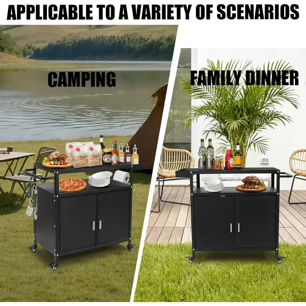 Portable Outdoor Folding Bbq Cart With Stainless Steel Top And Storage