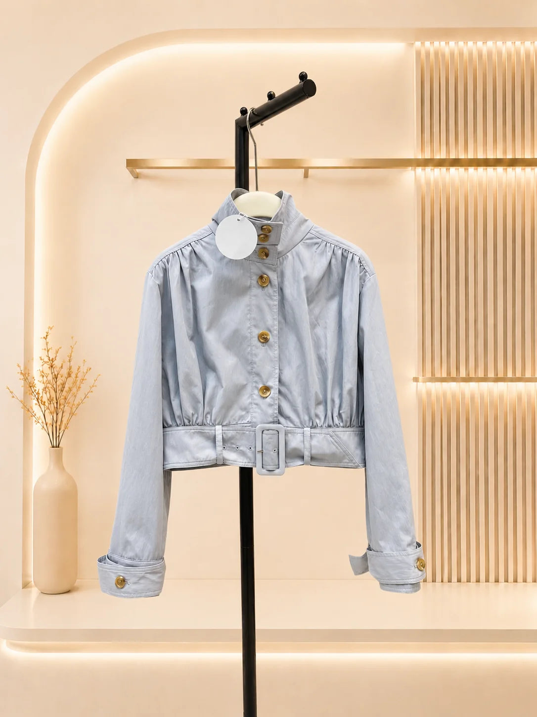 Women Cropped Jacket With Stand Collar And Sash Detail