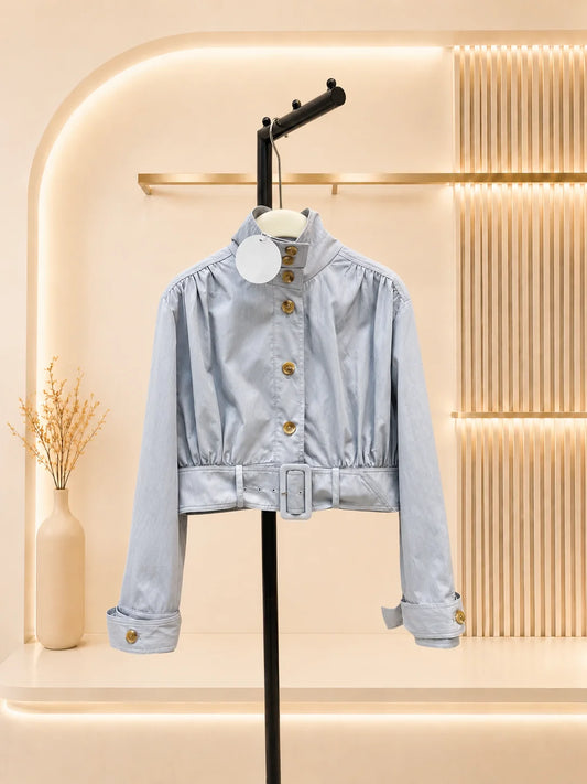 Women Cropped Jacket With Stand Collar And Sash Detail