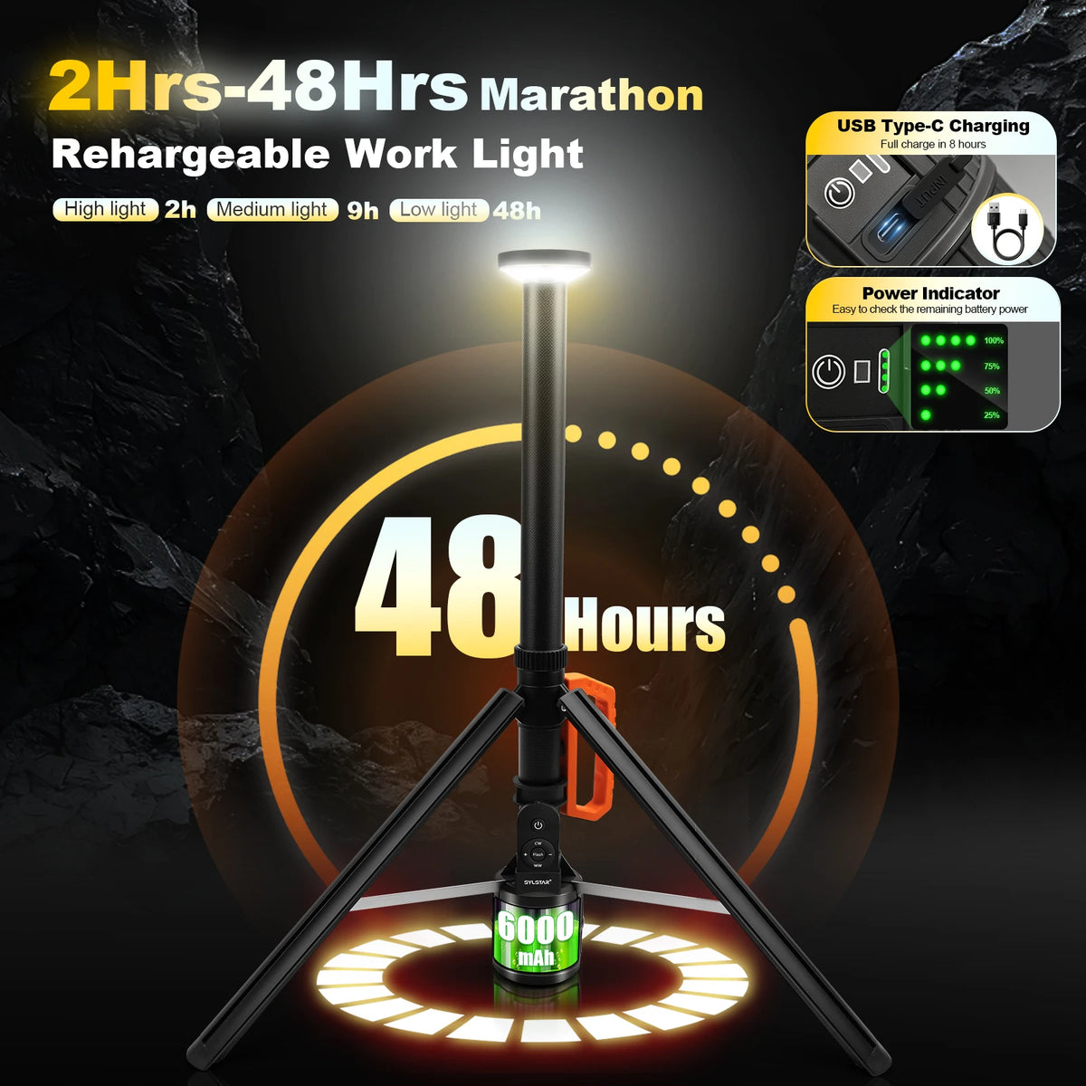 Rechargeable Remote Control Led Work Light 3000lm Dimmable Telescopic Lamp