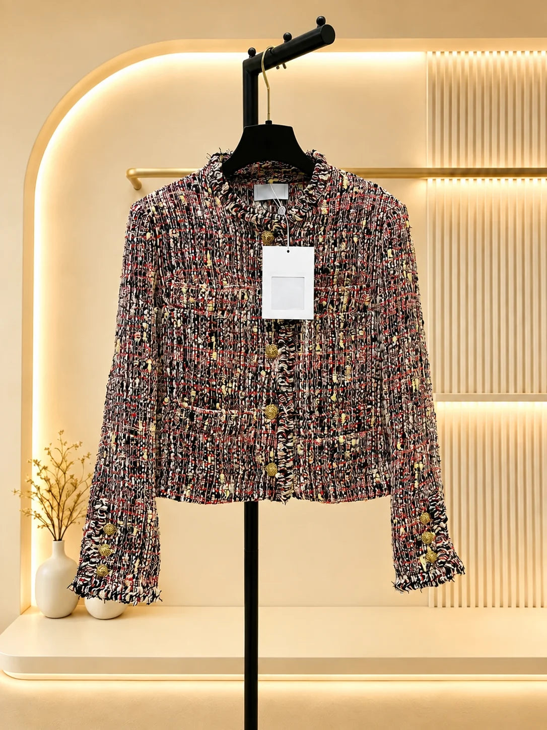 Women Tweed Jacket Gold Button Fringe Trim Wool Blend Coat