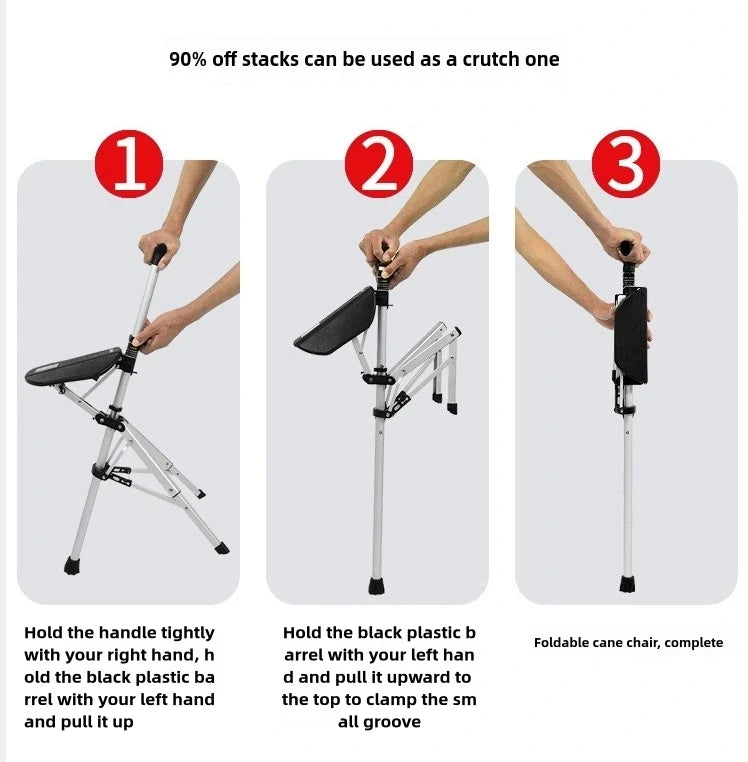 2 In 1 Portable Folding Cane Chair With Seat And Three Legs