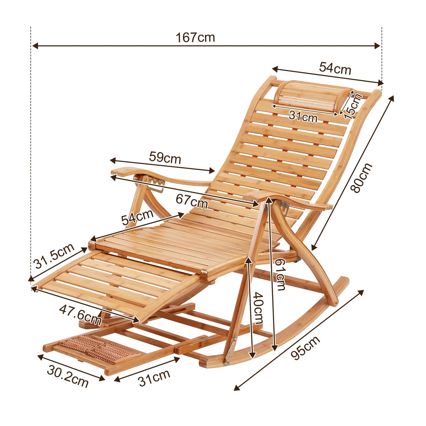 BINGOPAW Heavy Duty Bamboo Rocking Chair Adjustable Lounge Recliner