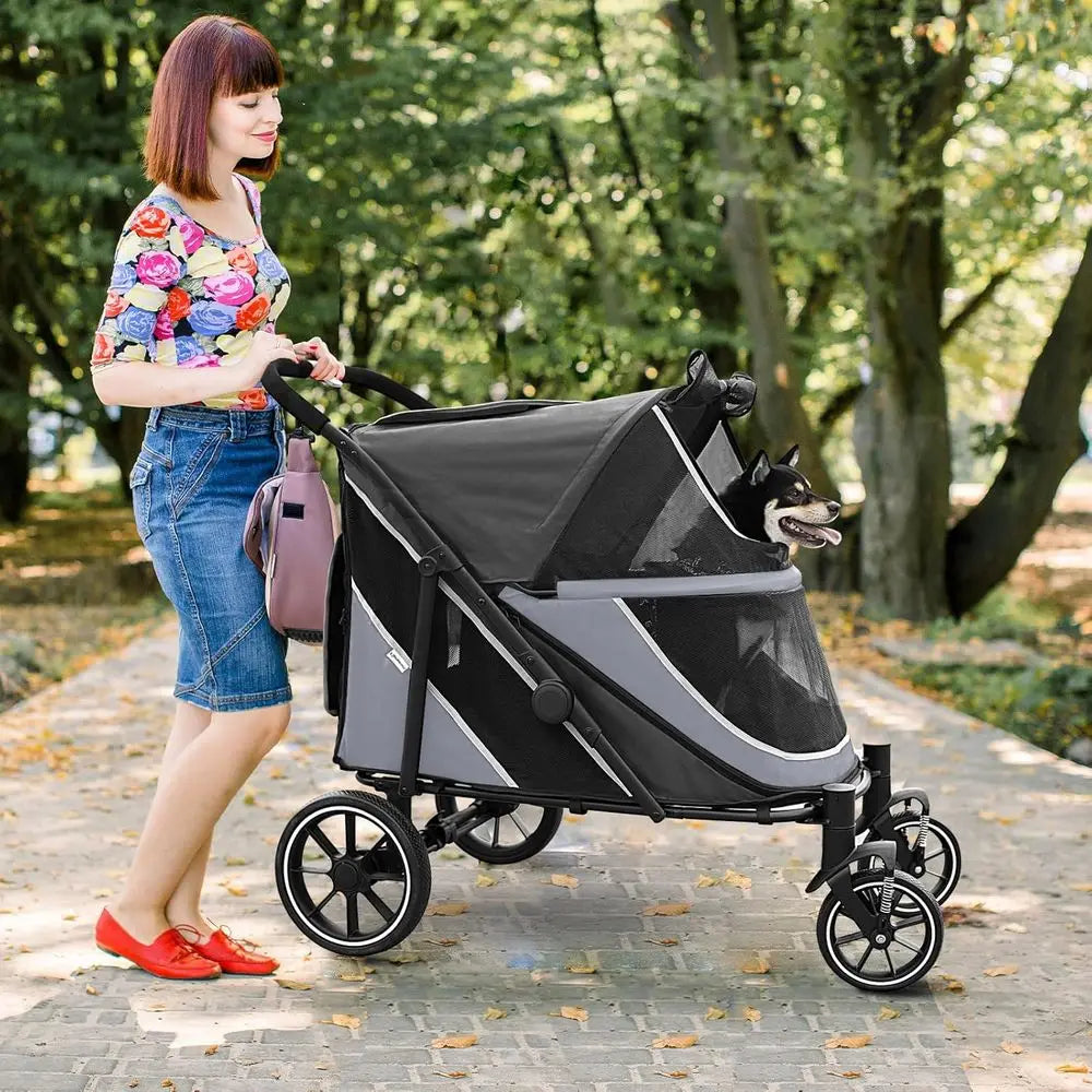 Spacious Folding Dog Stroller With Shock Absorption And Storage