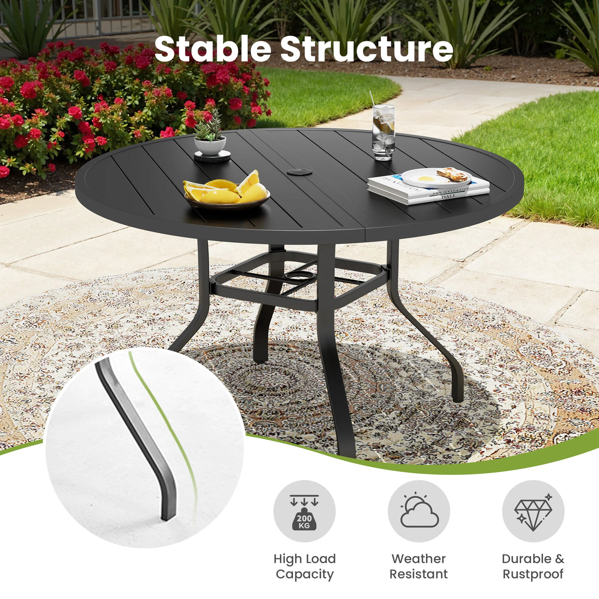 FARINI Outdoor Round Metal Patio Dining Table With Umbrella Hole