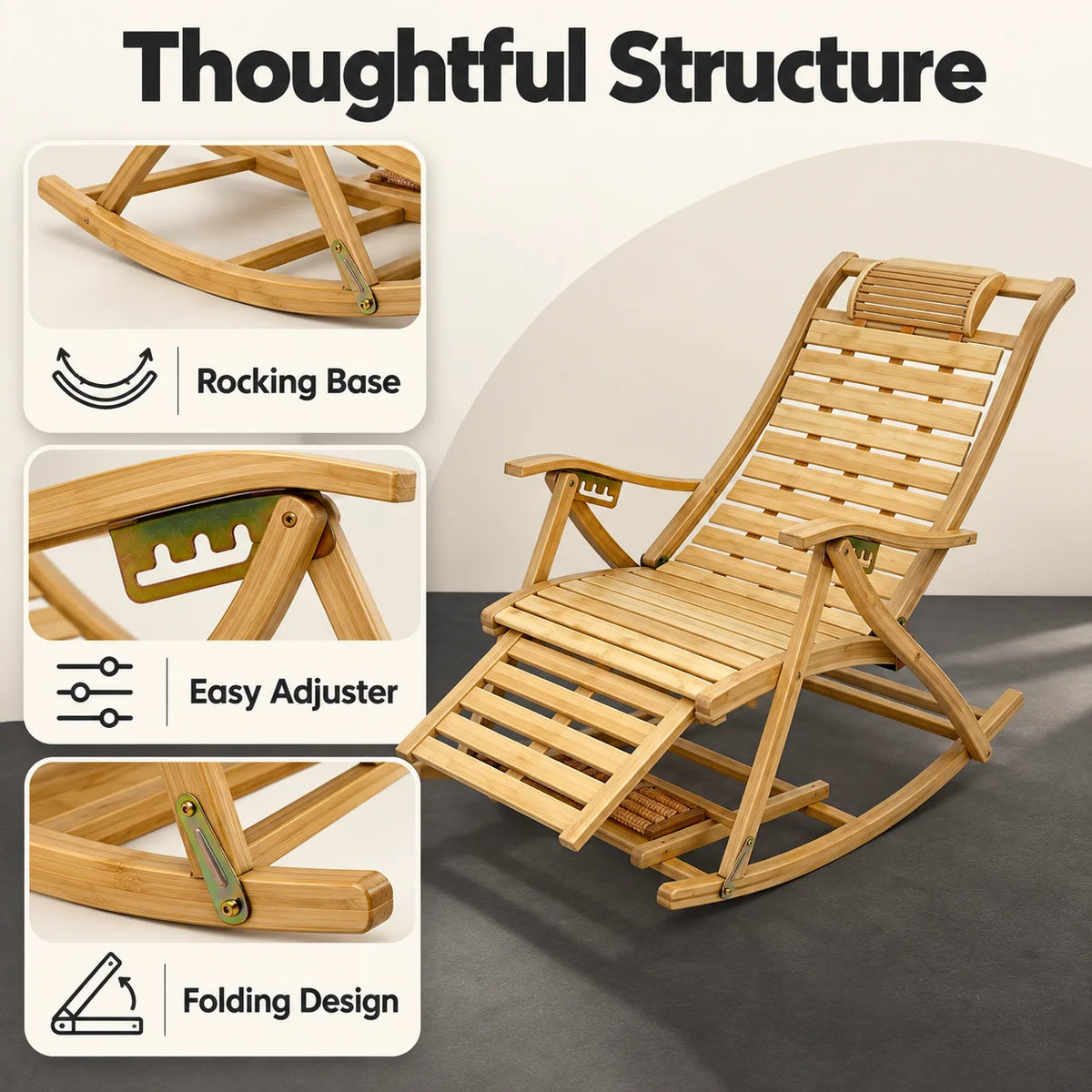 Wisfor Bamboo Rocking Recliner with Adjustable Backrest and Footrest