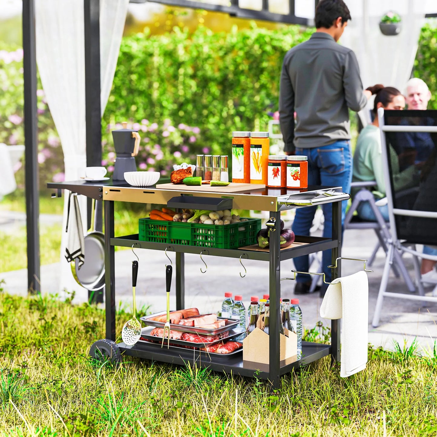 Stainless Steel Outdoor Bar Cart Grill Table With Wheels Storage
