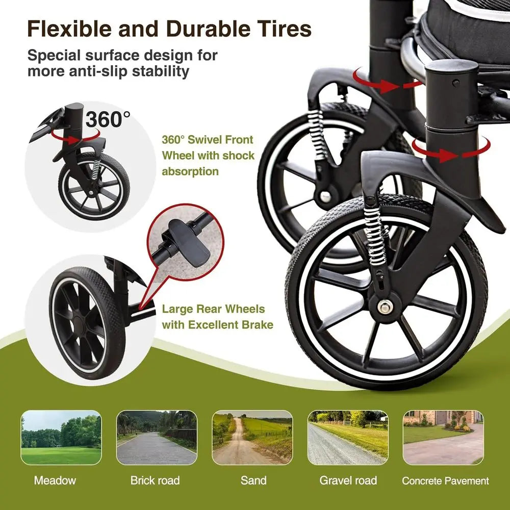 Spacious Folding Dog Stroller With Shock Absorption And Storage