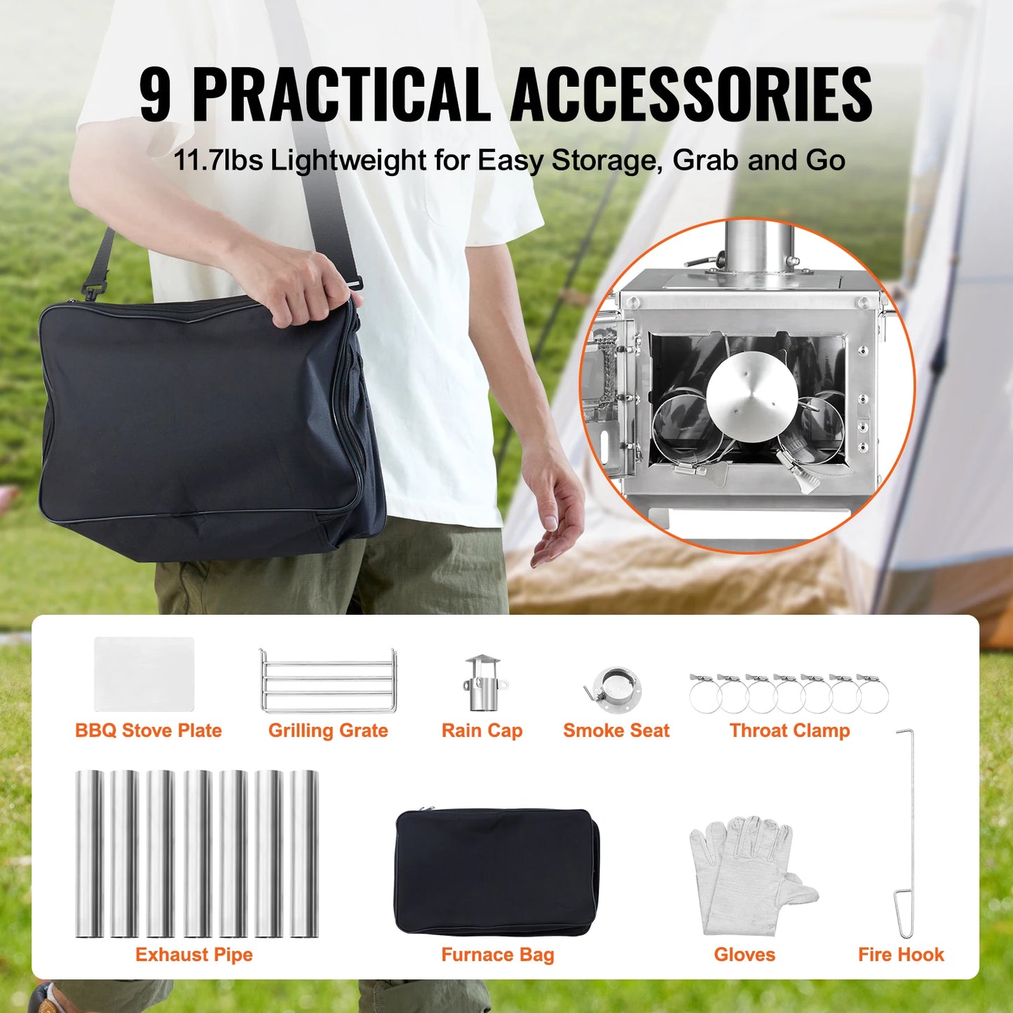 Portable Camping Wood Stove With Chimney Pipes And Firebox