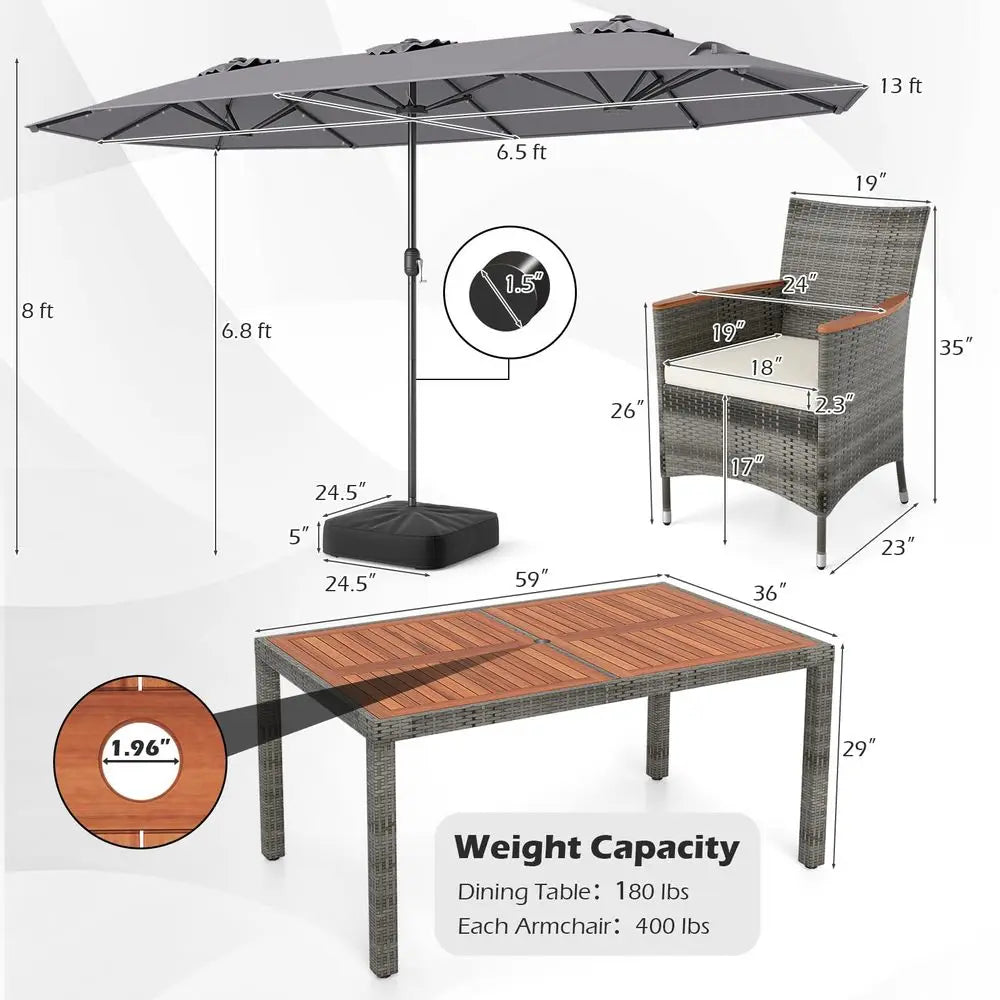 QWC 9 Piece Rattan Outdoor Dining Set With Cushioned Chairs Umbrella