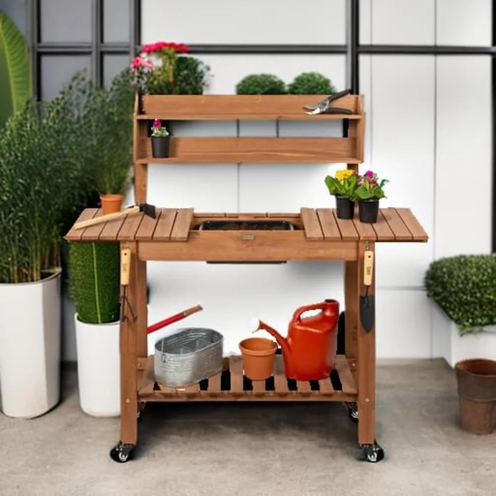 Mobile Garden Potting Bench With Sliding Tabletop And Storage Shelves