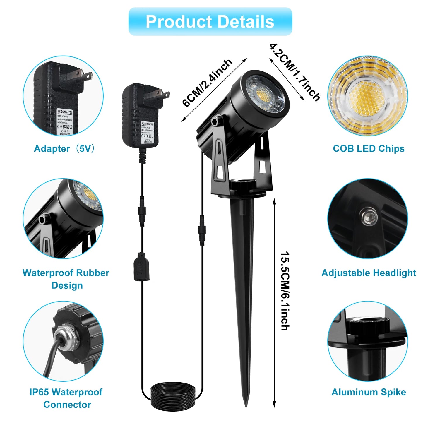 T-SUNRISE US Plug COB Spotlight Garden Light IP65 Waterproof