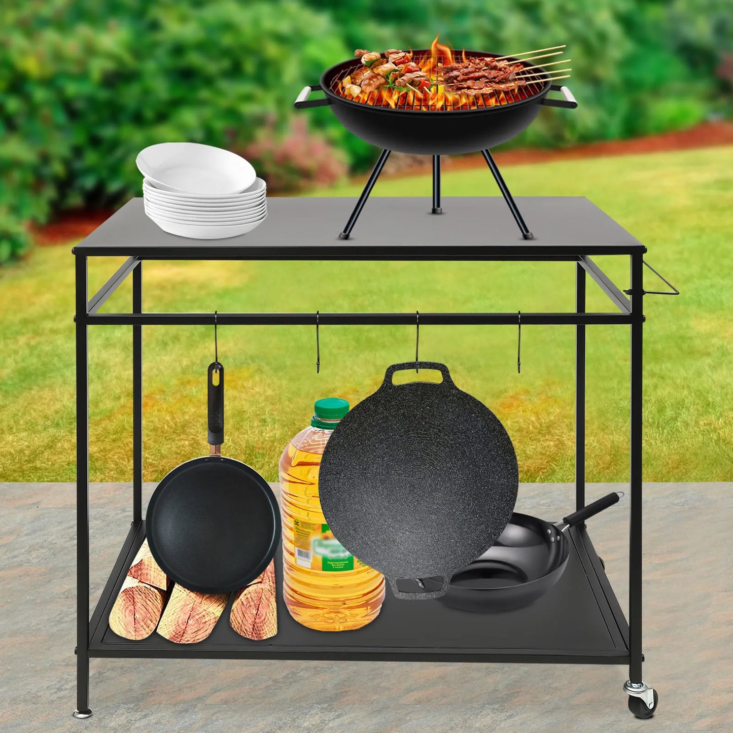 Bymaocar Double Shelf Rolling Kitchen Cart With Spice Rack