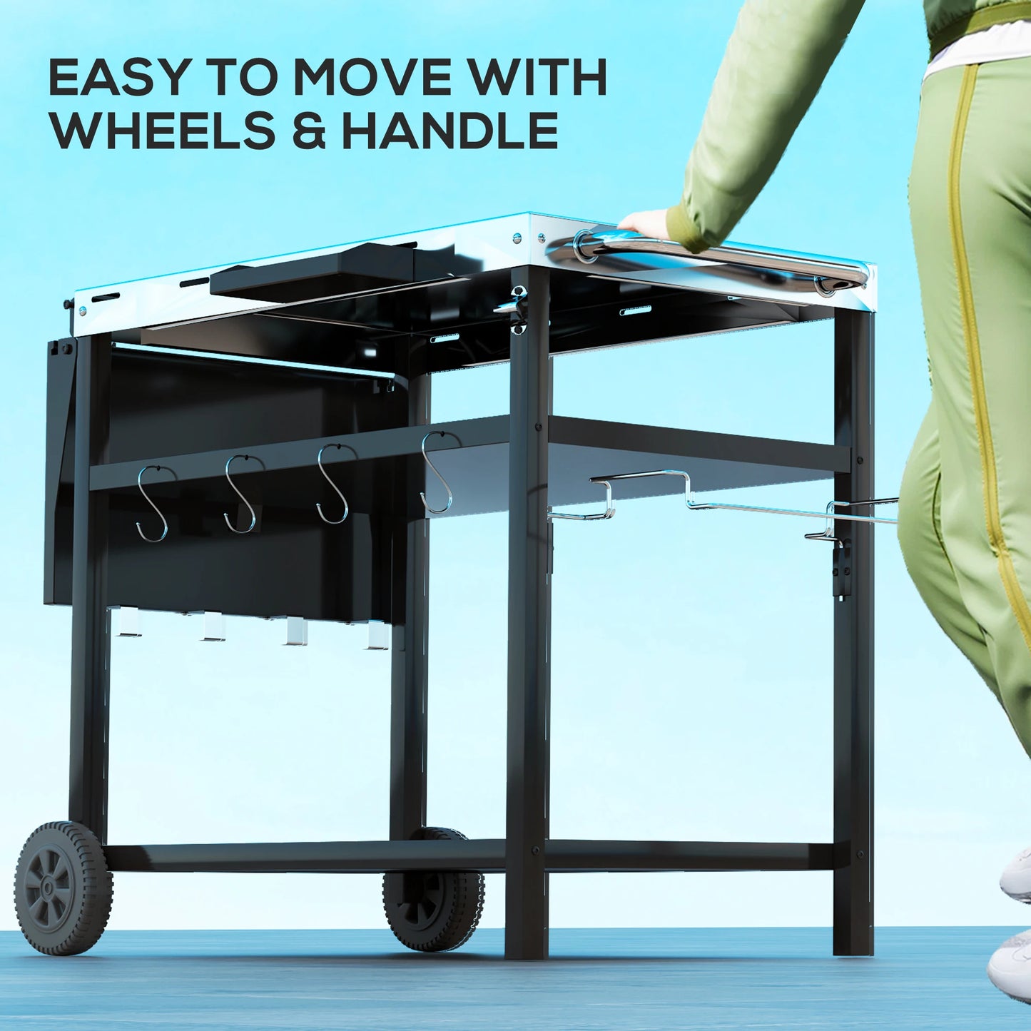 Stainless Steel Outdoor Bar Cart Grill Table With Wheels Storage