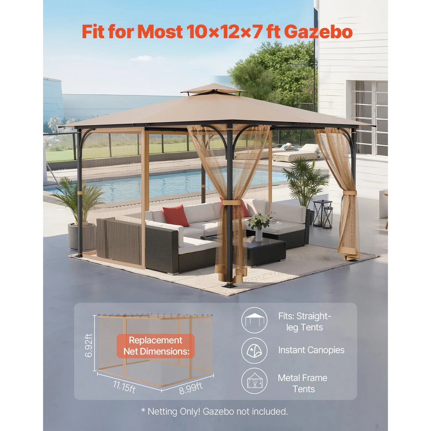 Gazebo Netting Replacement Four Panel Sidewall Mesh Canopy Polyester