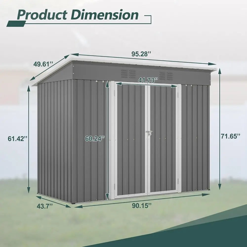 8x4ft Galvanized Steel Outdoor Storage Shed with Floor, Utility Garden Shed for Backyard, Patio, Lawn