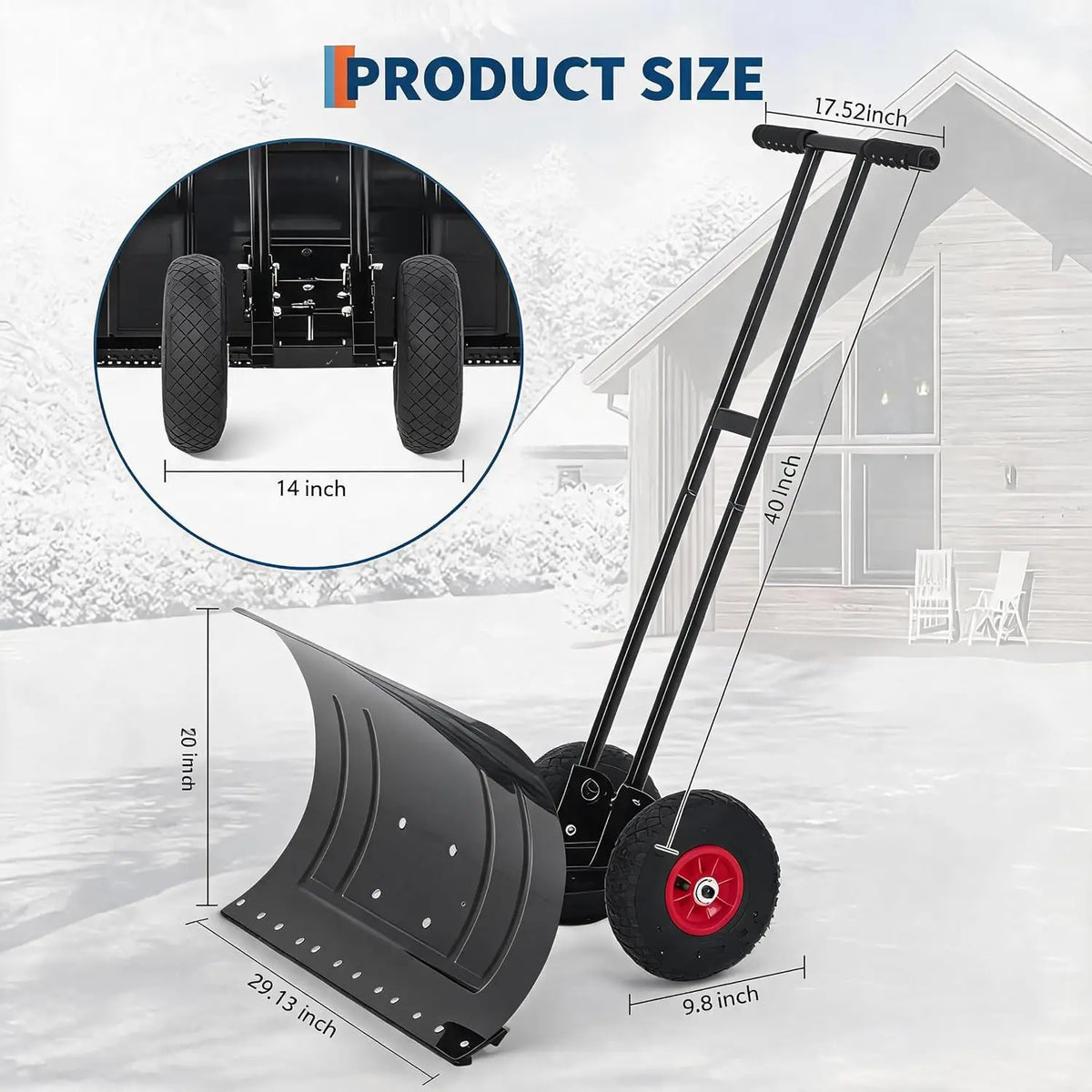 HiMISS Heavy Duty Wheeled Snow Pusher With Adjustable Handle