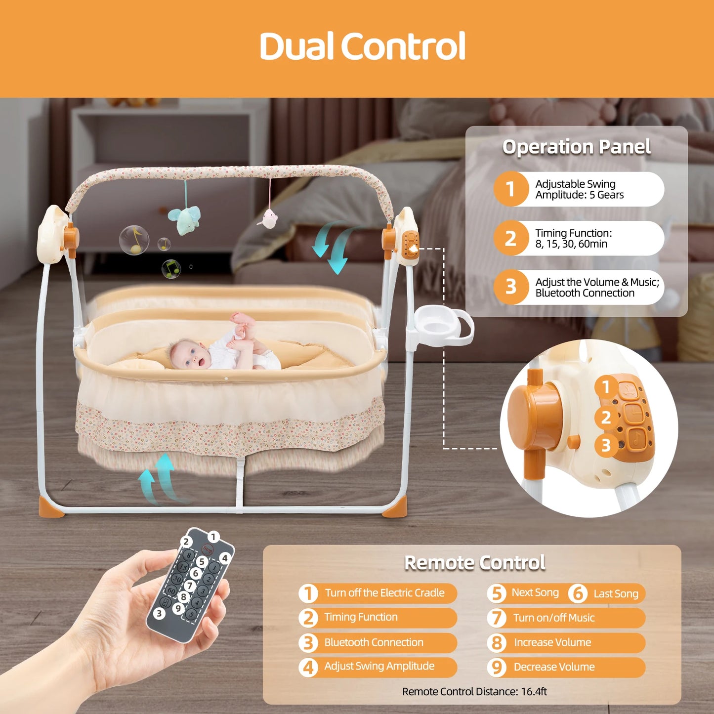 Electric Baby Crib Cradle With Swing Remote Control And Music Foldable Bassinet