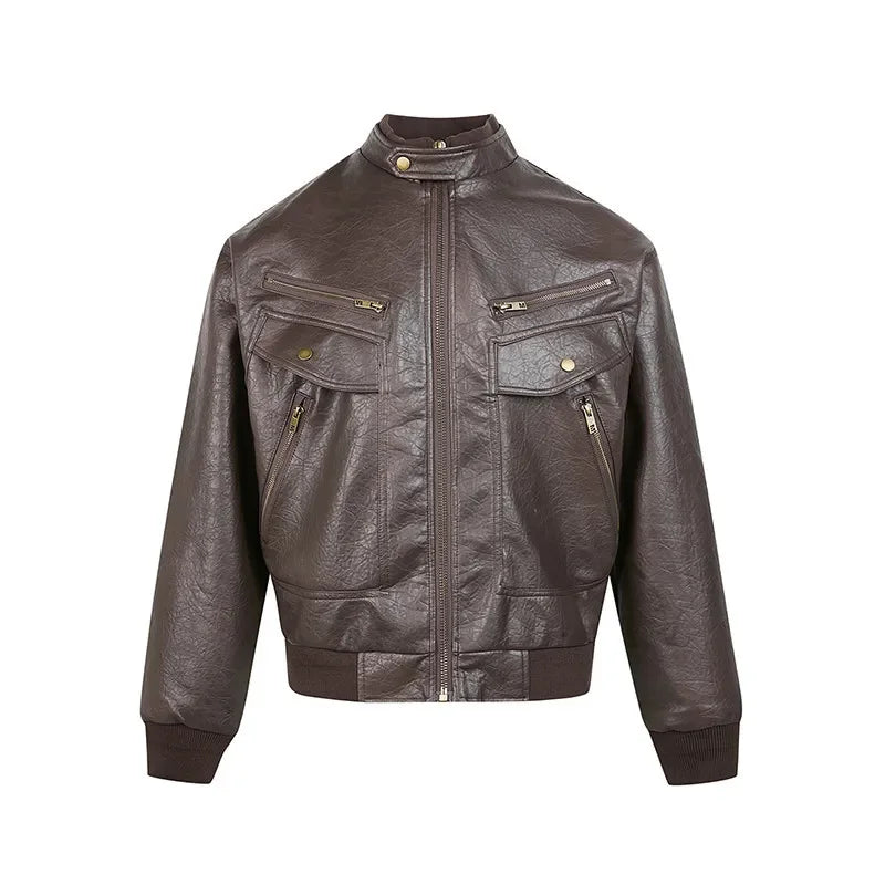 Mens Retro Textured PU Leather Windproof Motorcycle Jacket