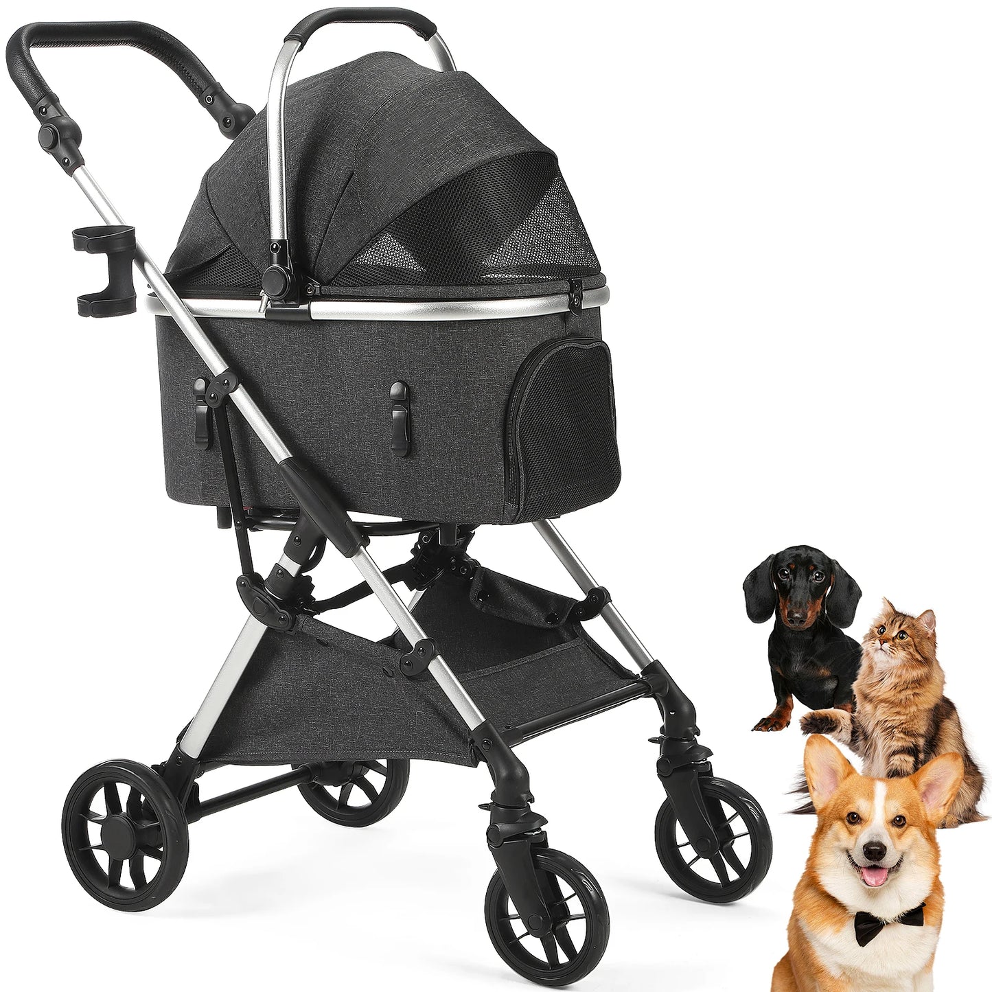 Portable Pet Stroller With Detachable Carrier For Medium Dogs