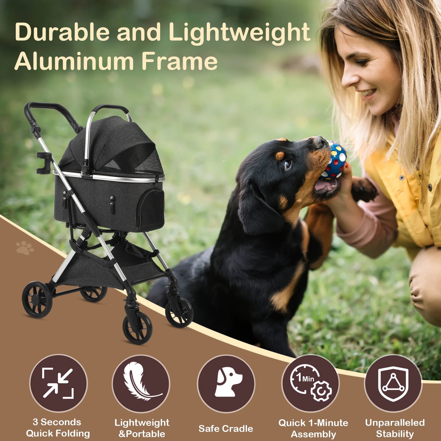 Portable Pet Stroller With Detachable Carrier For Medium Dogs