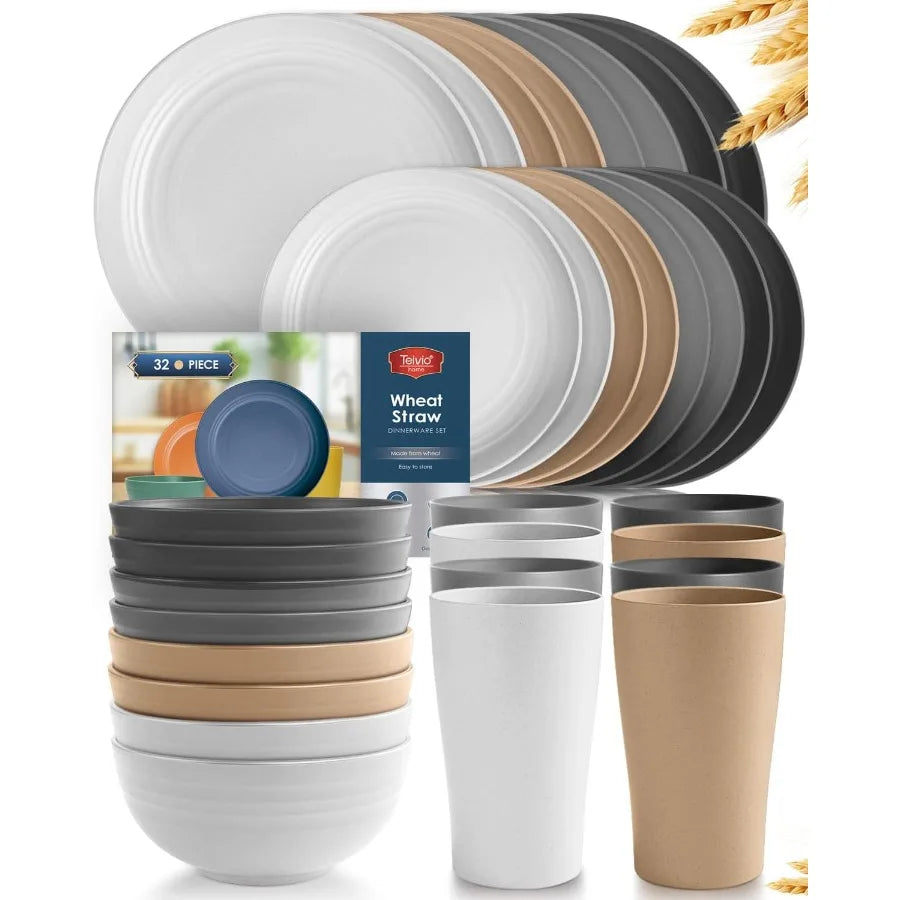 Wheat Straw 32-Piece Dinnerware Set For Eight, Unbreakable, Farmhouse Style