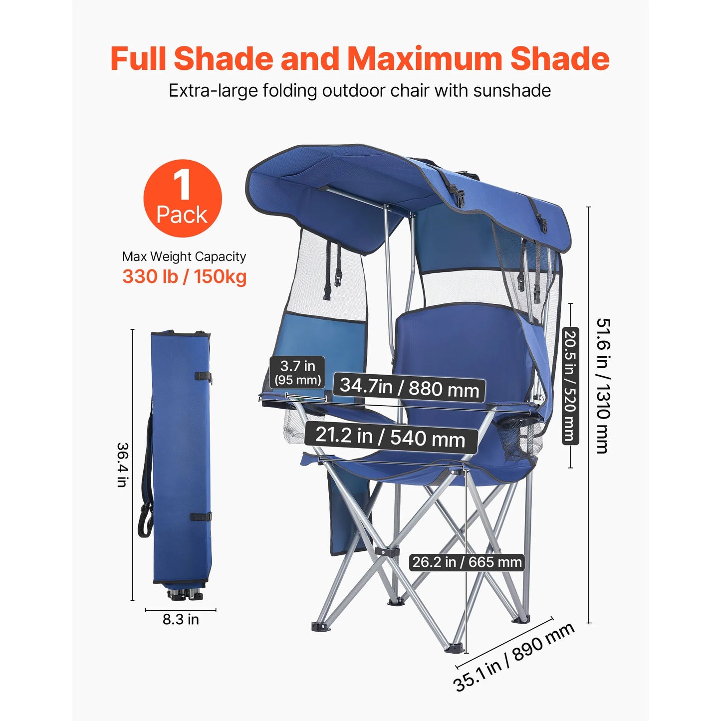 SucceBuy 330lb Camping Chair With Canopy And Cup Holders