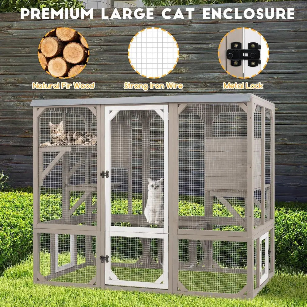 Outdoor Cat Catio Enclosure With Multiple Platforms And Resting Boxes