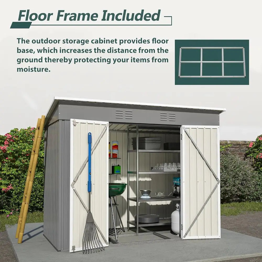 8x4ft Galvanized Steel Outdoor Storage Shed with Floor, Utility Garden Shed for Backyard, Patio, Lawn