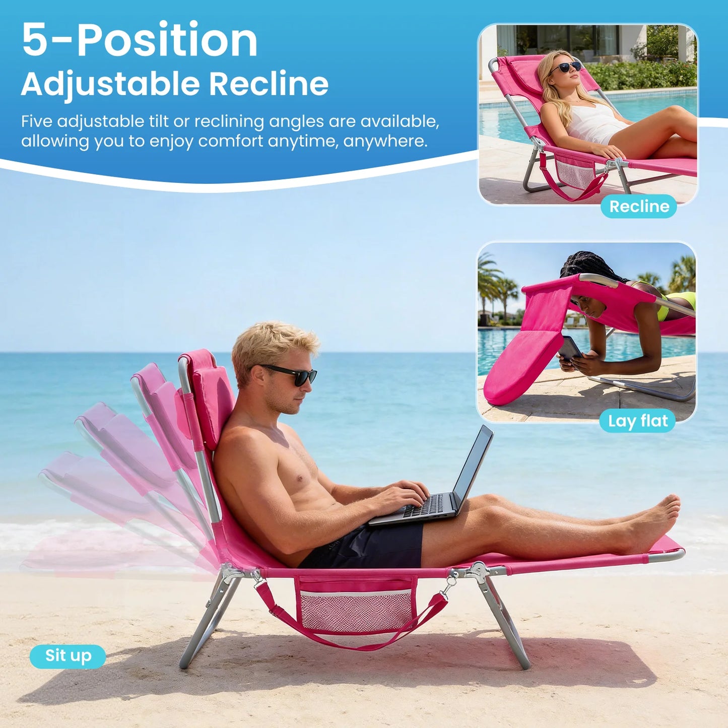MCQ Foldable Adjustable Beach Lounge Chair With Armrests And Backrest