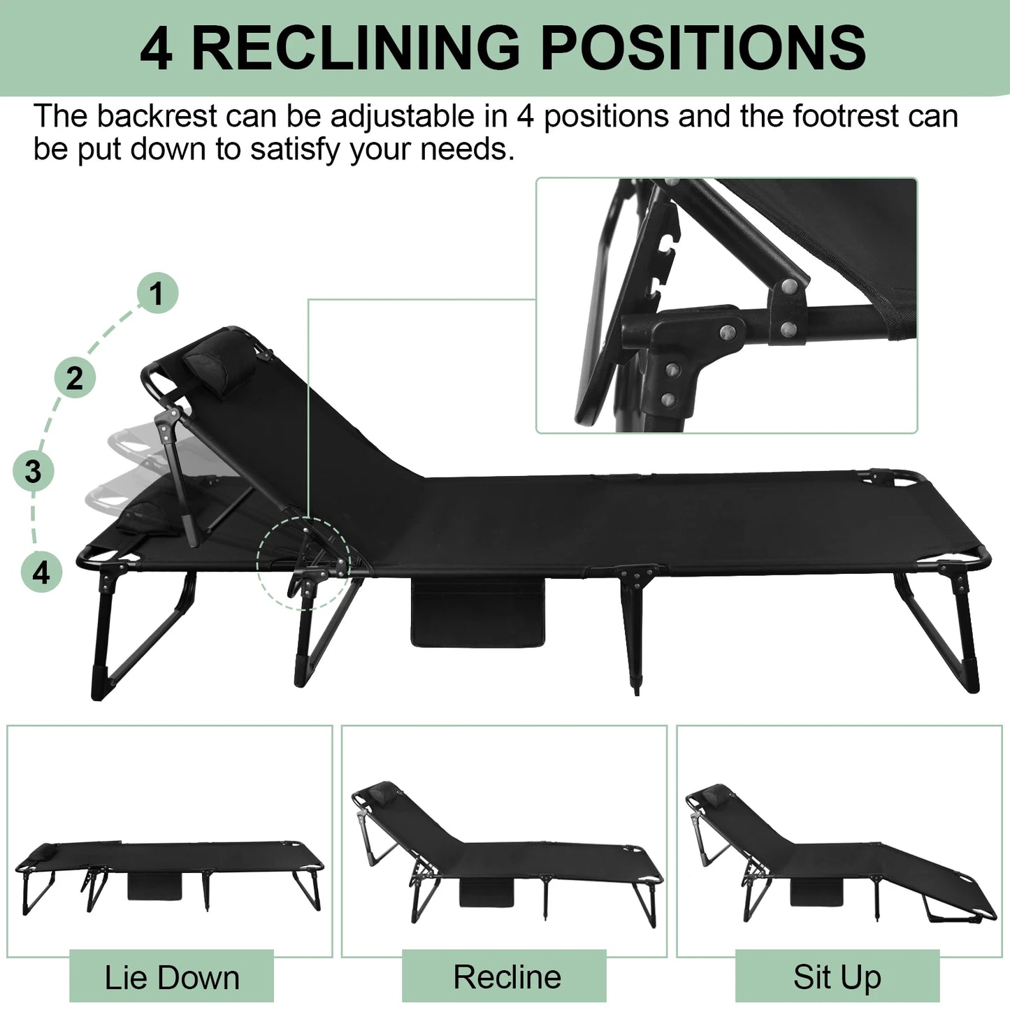 Portable Folding Camping Cot 3-Position Adjustable Reclining Lounge Chair