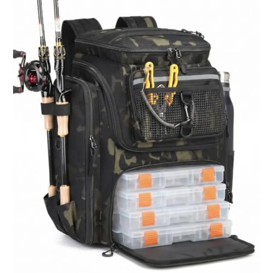 Water Resistant Fishing Backpack With Rod Holders And Tackle Storage