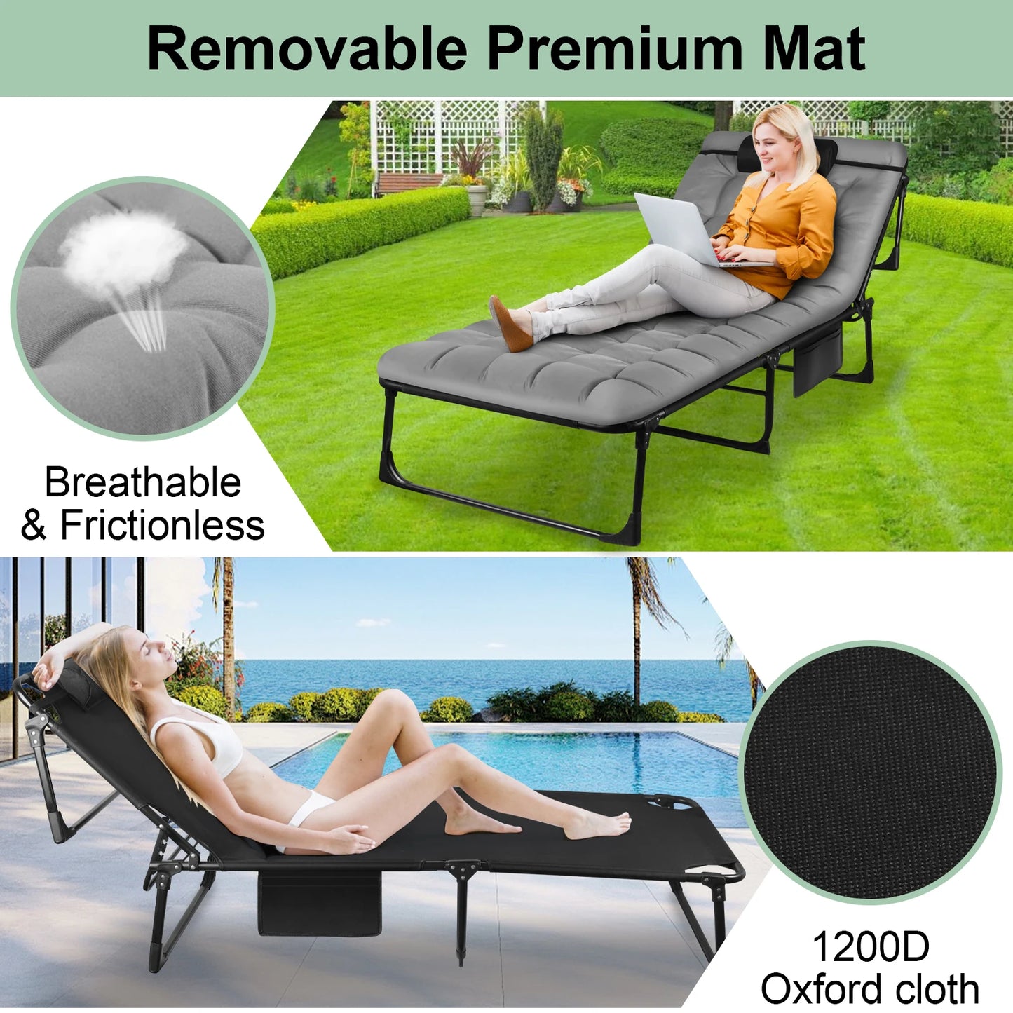 Portable Folding Camping Cot 3-Position Adjustable Reclining Lounge Chair