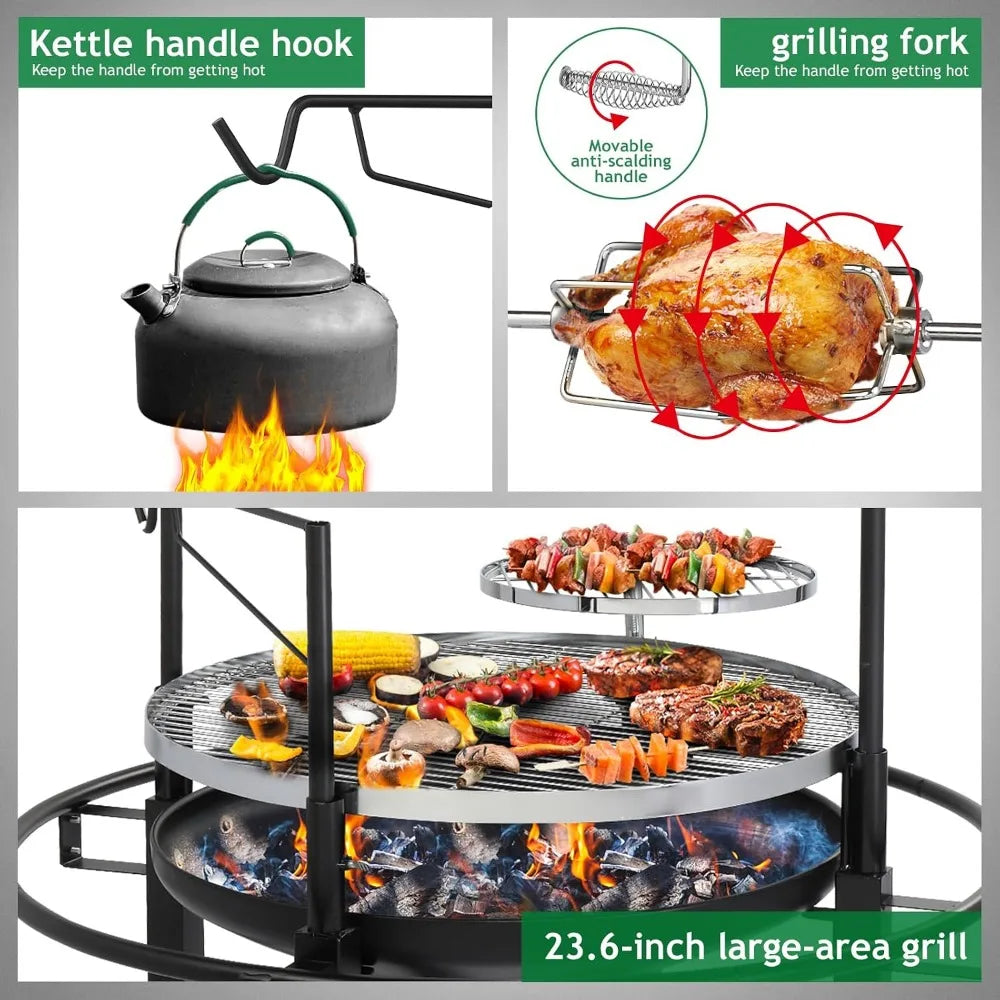 Classic Metal Outdoor Wood Burning Fire Pit Featuring Swivel Grills