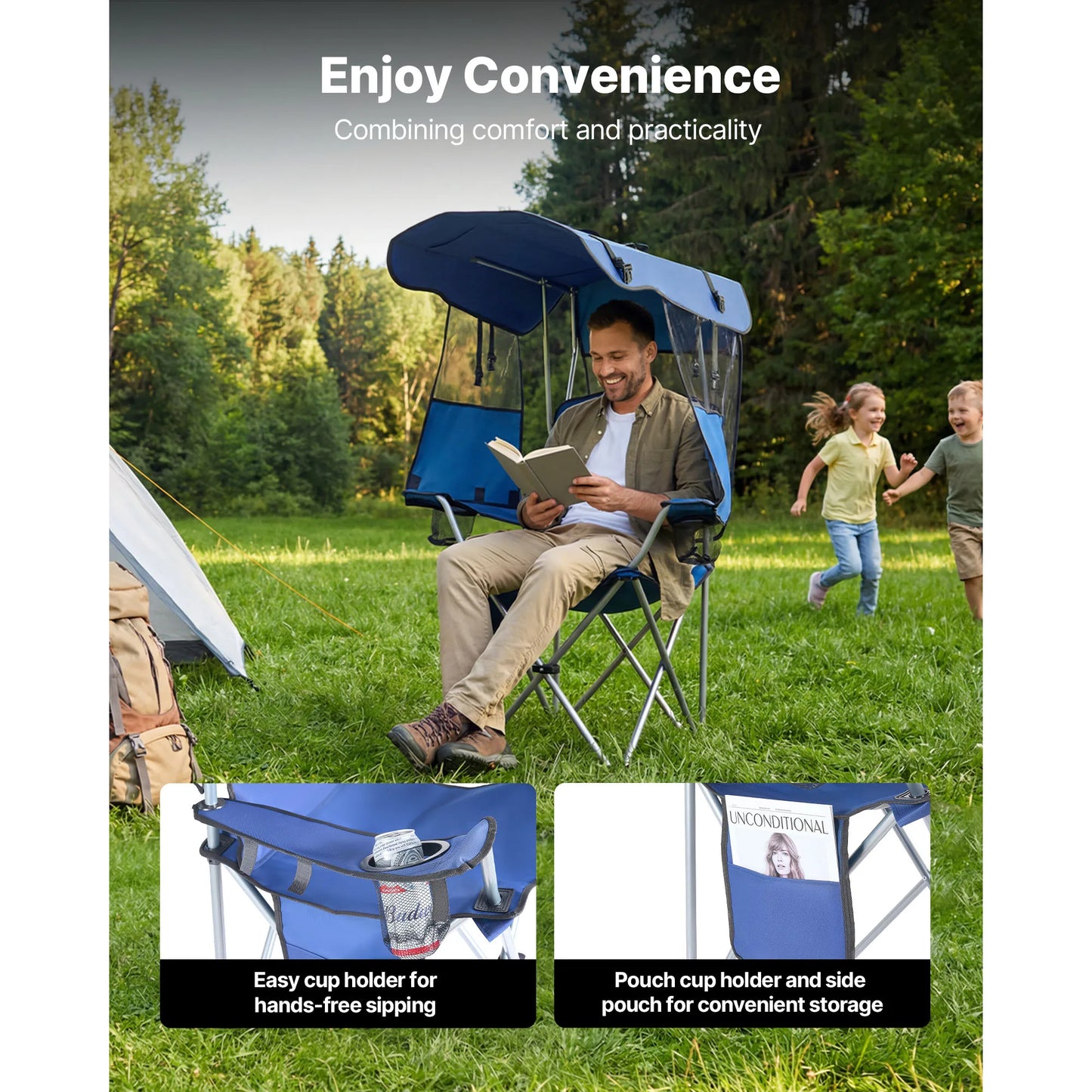 SucceBuy 330lb Camping Chair With Canopy And Cup Holders