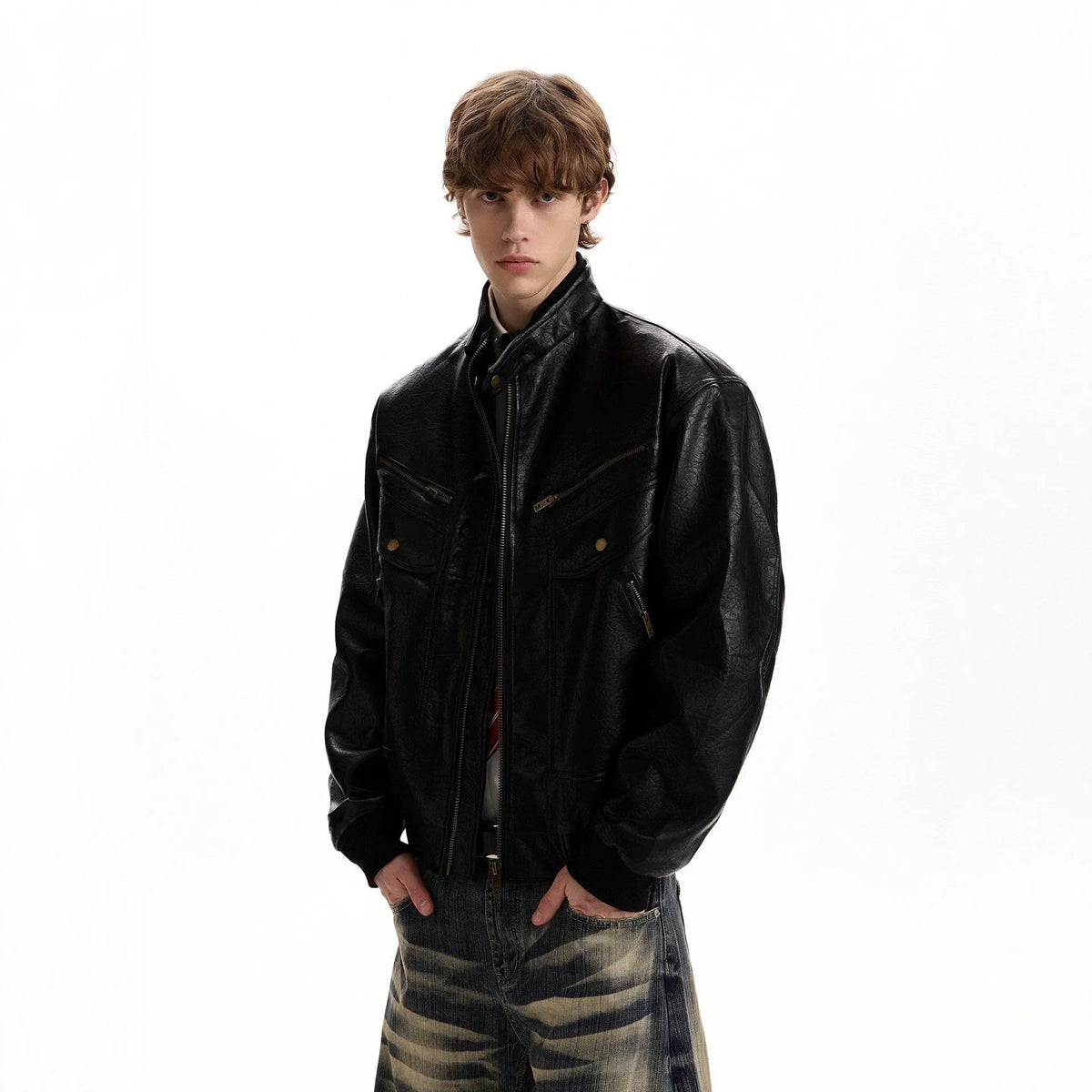 Mens Retro Textured PU Leather Windproof Motorcycle Jacket