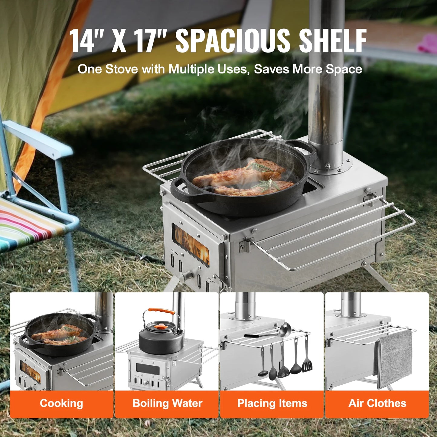 Portable Camping Wood Stove With Chimney Pipes And Firebox
