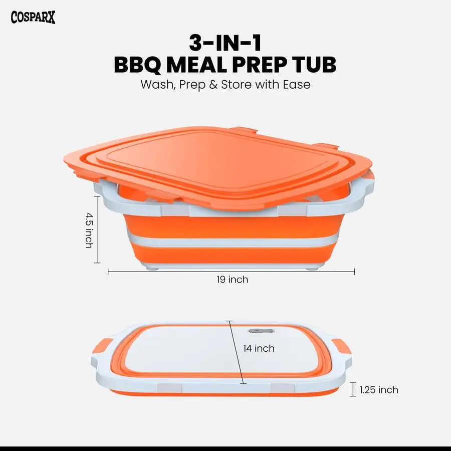Collapsible BBQ Prep Tub With Cutting Board And Drain Plug