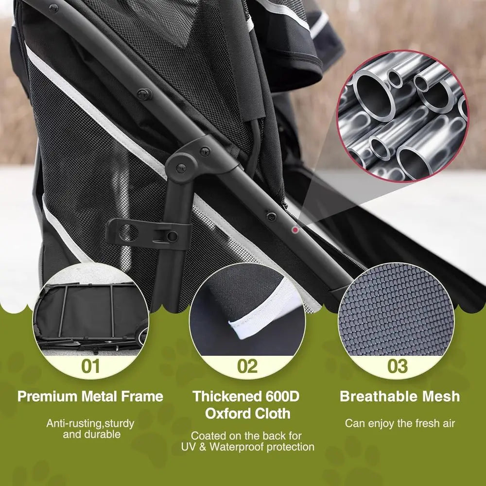 Spacious Folding Dog Stroller With Shock Absorption And Storage