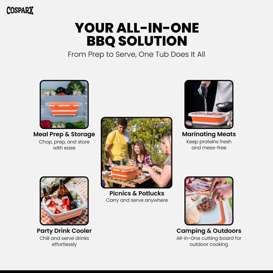 Collapsible BBQ Prep Tub With Cutting Board And Drain Plug